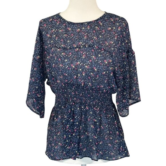 Soho By Stephanie Horne Size Small Blous Womens Navy Floral Print Smocked Waist - Picture 1 of 6